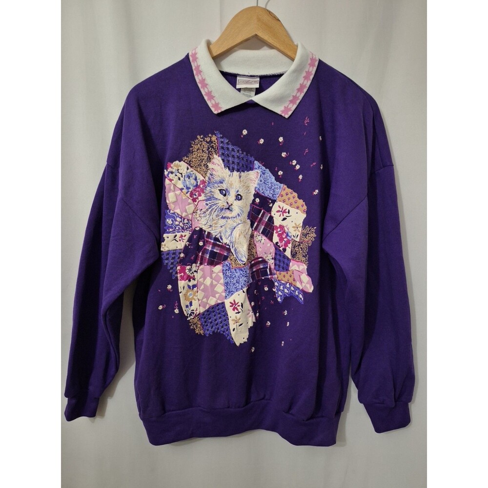 Vintage 90's Purple Long Sleeve Cat Sweatshirt Womens Sz Large Grandma Teacher